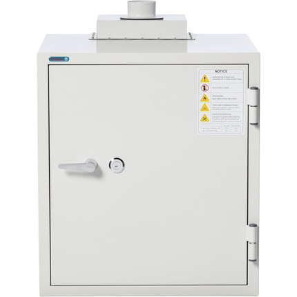 Phoenix BSS6101 battery storage and charging safe, front close angled view with key lock and warning label