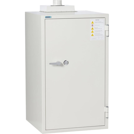 Phoenix BSS6102 battery storage and charging safe, front close angled view with key lock and warning label