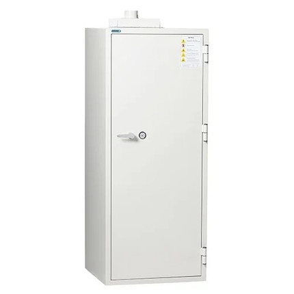 Zoomed Phoenix BSS6104 lithium-ion battery charging cabinet angled view showing full-height design and locking door