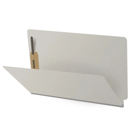 Gray legal size end tab fastener folder open angle view showing front panel and bonded fastener