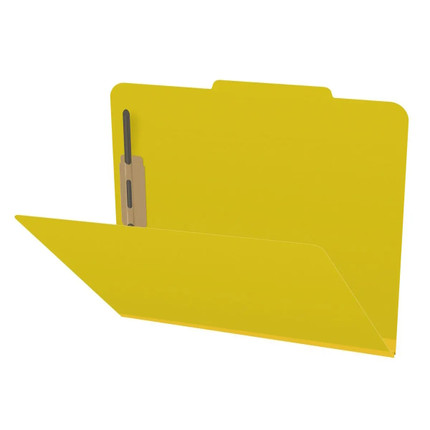 Side view of yellow letter size top tab pressboard classification folder with bonded fastener and lemon yellow Tyvek expansion