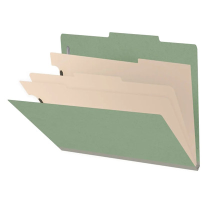 Green letter size pressboard top tab classification folder opened to show three manila dividers and multiple fastener positions