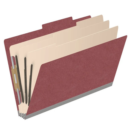 Angled view of a dark red legal size top tab classification folder with three manila dividers and 3-inch gray Tyvek expansion.
