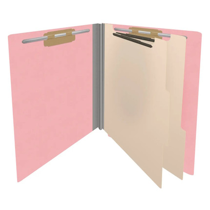 End Tab Classification Folders with 2 Dividers, Letter Size, Pink, 18pt. Stock, 2" Expansion, 10/Box, Open