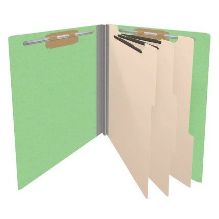 End Tab Classification Folders with 3 Dividers, Letter Size, Green, 18 pt Stock, 3" Expansion, 10/Box, Open