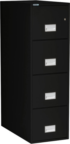 Phoenix LGL4W25 4-Drawer Fireproof File Cabinet, Legal Size - Black, drawer open (angled view)