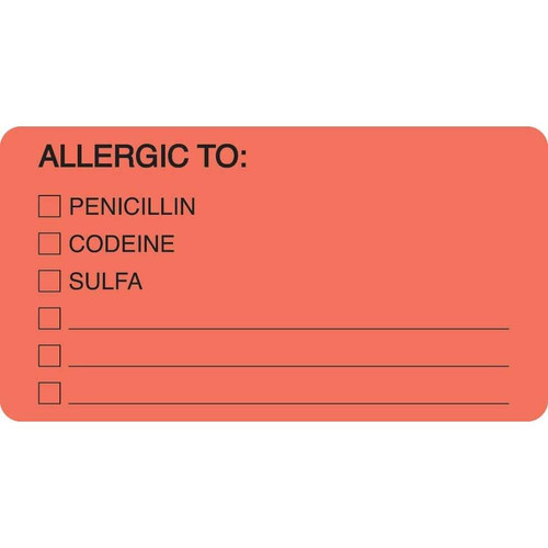 Allergy Labels, Allergic To Pen, 3-1/4 x 1-3/4, Fl. Red, 250/RL (MAP4900)