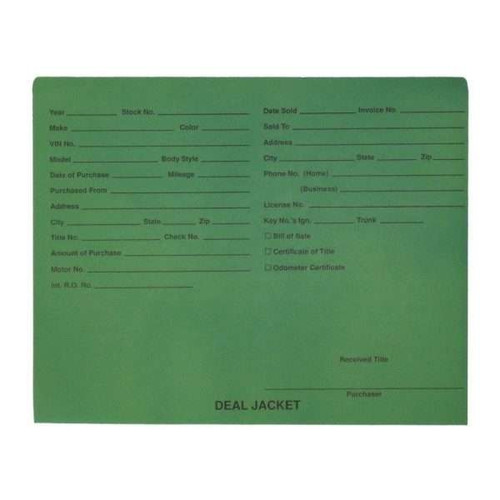 Green Letter Size Auto Dealer Jacket with Front Printed, 11 pt Green Stock, Packaged 100/box