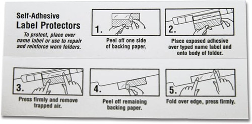 Step-by-step instructions for applying self-adhesive label protectors, showing how to peel off backing paper, apply the protector over a label, press firmly to remove air bubbles, and fold over the edge of the folder.