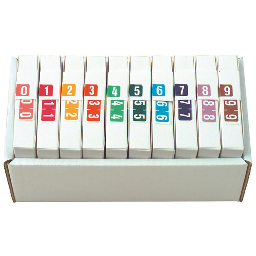 A box of Tab Products Match TPNV series numeric labels featuring rolls of labels in various vibrant colors, including red, orange, green, blue, purple, and brown, each with a solid color bar and bold black numbers for easy file organization.