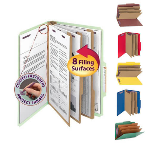 Smead Pressboard Classification File Folder with 3 Dividers, 8 Filing Surfaces, SafeSHIELD Coated Fasteners – Assorted Colors