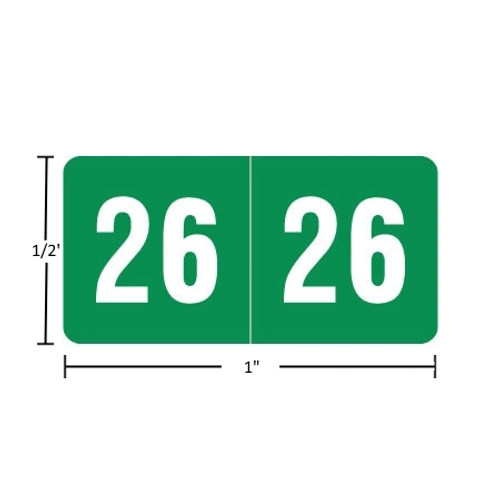 Smead-compatible ETS 2026 year label—white “2026” on green, single-face 1/2" x 1", polylaminated, permanent adhesive, 250 per pack