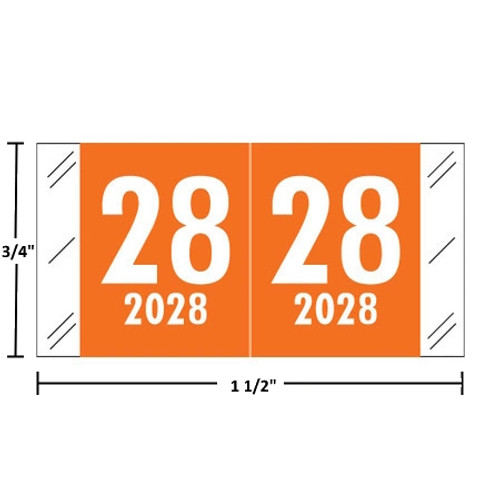 Col'R'Tab Compatible CLYM year label, 2028, Orange, wraparound with white “28”; center-slit liner.