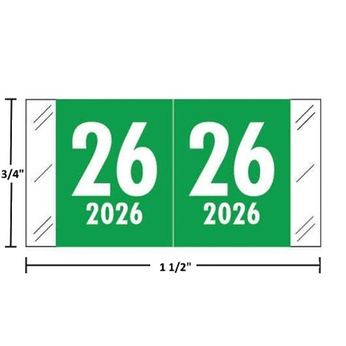 Col’R’Tab-compatible CRYM year label, 2026, dark green, wraparound with white “26”; center-slit liner.