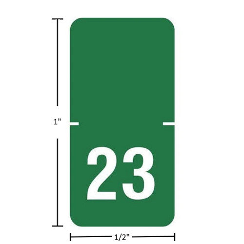 Original TABBIES 72523, 2023 dark green year labels, 1 x 1/2 in, laminated top-tab wrap, center-slit, 250/pack