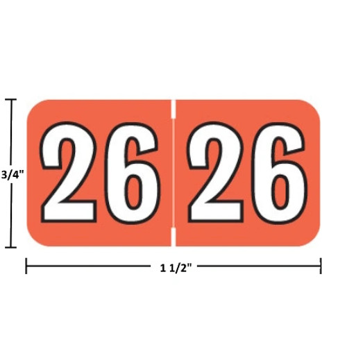 Colwell-compatible COYM-26 year label, 2026 dark orange, 3/4 x 1-1/2, laminated wrap-around, USA made.