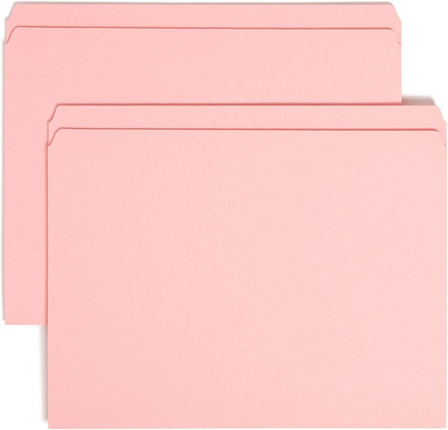 Two pink letter-size straight-cut file folders stacked to show full front panels and tabs