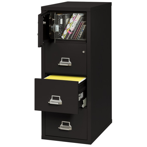 FireKing 2-Hour Fire-Rated 4-Drawer Vertical File Cabinet with Safe – Arctic White, Drawer Open with Hanging Files