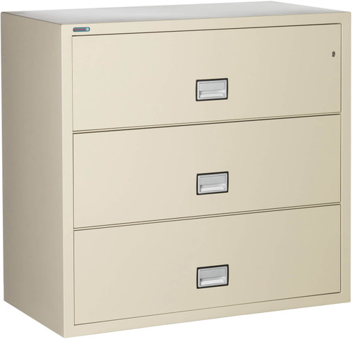 Black Phoenix 3-Drawer Lateral File Cabinet, 44 inches wide, 1-hour fireproof, with secure lock and spacious drawer handles for easy access.