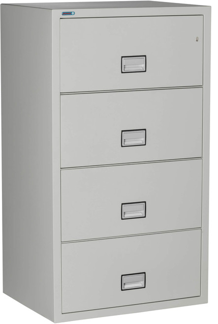 Black Phoenix 4-Drawer Lateral File Cabinet, 31 inches wide, 1-hour fireproof, with key lock and spacious drawer handles for easy access.