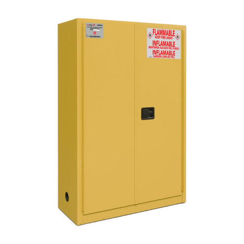 Closeup of Flammable safety cabinet in yellow by FireKing with trilingual warning labels and welded steel double-wall construction