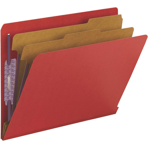 Angled view of a red end tab classification folder with 2 interior dividers and coated fasteners.