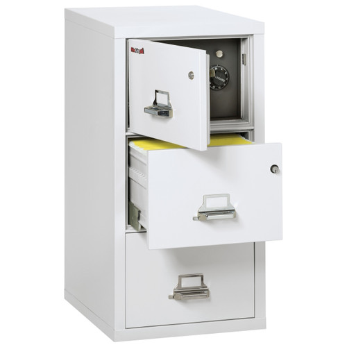 FireKing Safe-In-A-File cabinet, 3 drawer legal size, 31 inch deep, arctic white finish, fireproof safe and drawer open