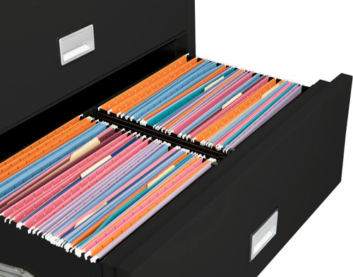 Black Phoenix 2-Drawer Lateral File Cabinet, 38 inches wide, Shown with 2 Columns of File Folders (Zoomed In)