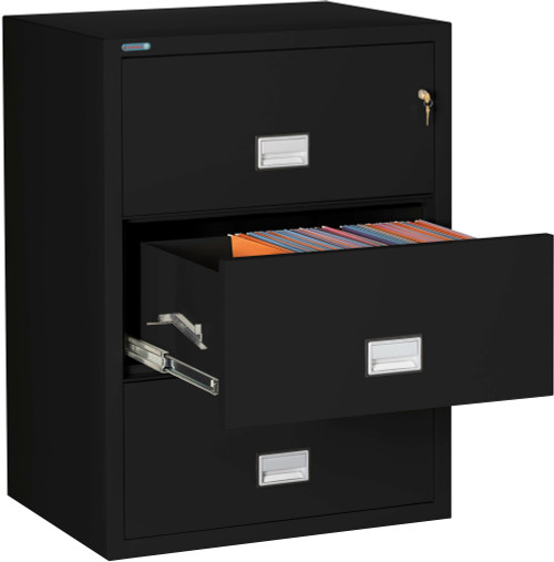 Black Phoenix 3-Drawer Lateral File Cabinet, 31 inches wide, 1-hour fireproof protection, shown with front-to-back hanging files