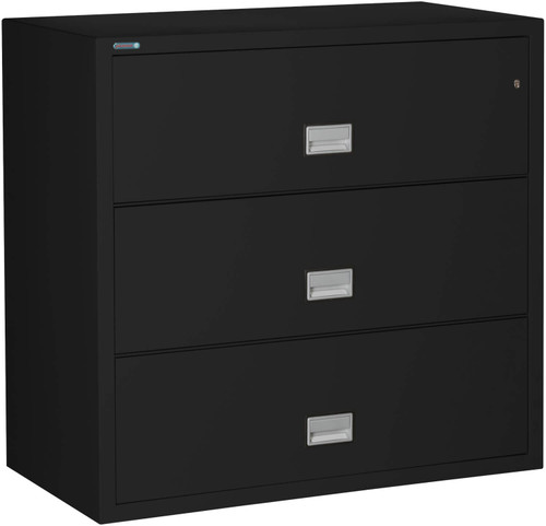 Black Phoenix 3-Drawer Lateral File Cabinet, 44 inches wide, 1-hour fireproof, with secure lock and spacious drawer handles for easy access.