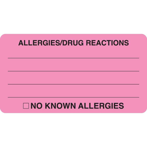 Allergy Labels, Allergies/Drug Reactions, 3-1/4 x 1-3/4, Fl/ Pink, 250/RL (MAP1730)