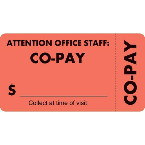 Insurance Labels, Co-Pay, 3-1/4 x 1-3/4, Fl. Red, 250/Roll (MAP6410)