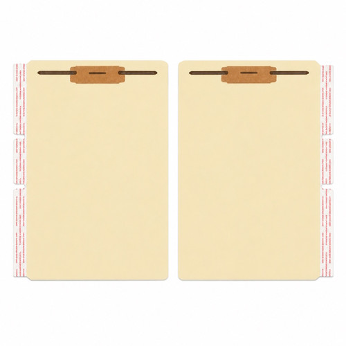 Letter-size self-adhesive file folder divider, manila, with 2-inch fastener and adhesive liner, shown front and back.