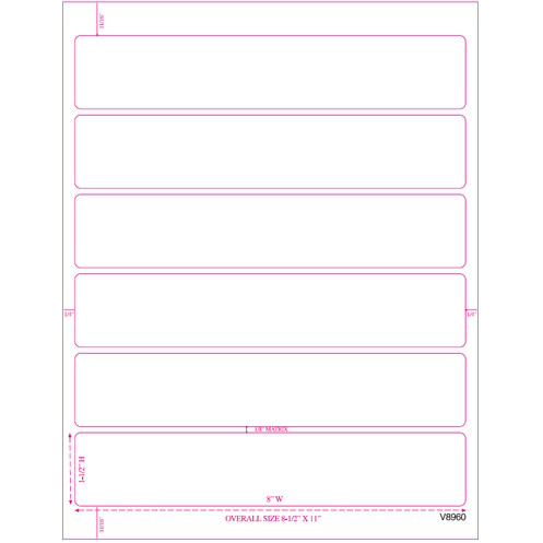 Blank 8 x 1.5 inch Laser label sheet with six rectangular labels per sheet, designed for file folder labeling and compatible with Virtual Labels printing software.