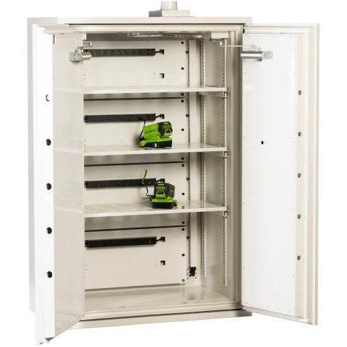 BSS6004 open with chargers on two shelves; four internal power strips visible.