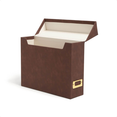 Smead FlipTop File Box with flip-top lid and vegan leather finish in dark brown