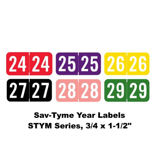 Sav-Tyme Year Labels – STYM Series, 3/4 x 1-1/2, Color-Coded Years 2024–2029
