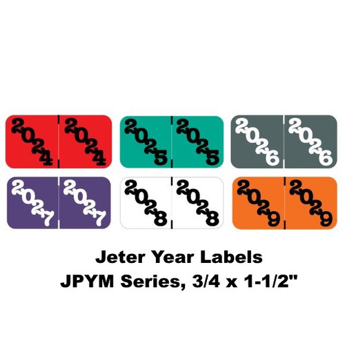 Jeter Year Labels – JPYM Series, 3/4 x 1-1/2, Color-Coded Years 2024–2029