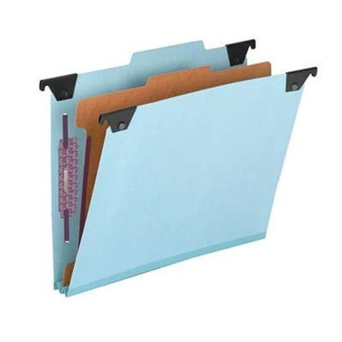 Smead 65105 hanging folder with divider, letter size, blue pressboard, FasTab 2/5-cut tab, SafeSHIELD fasteners.