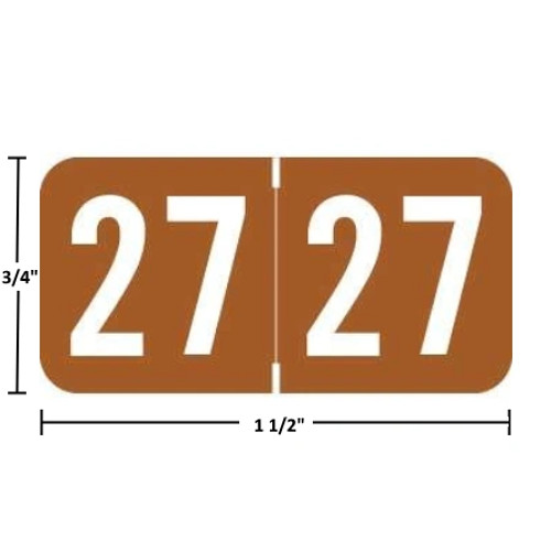 Acme Visible-compatible ACYM 2027 year label, brown, 3/4 in x 1-1/2 in, wraparound, size guide shown (ACYM-27)