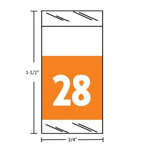 Orange Col’R’Tab 71700 2028 top-tab year label, 1-1/2" high x 3/4" wide, single-side read, clear-laminated, 1,000 per roll