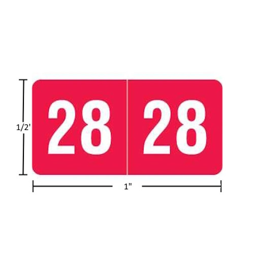 Smead-compatible ETS year label “2028” in red, single-face 1/2" x 1", polylaminated, permanent adhesive, 250 per pack