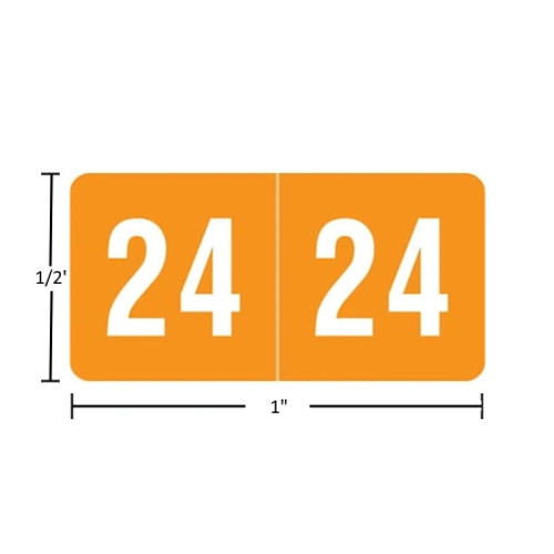 Smead-compatible ETS 2024 year label—white “2024” on orange, single-face 1/2" x 1", polylaminated, permanent adhesive, 250 per pack
