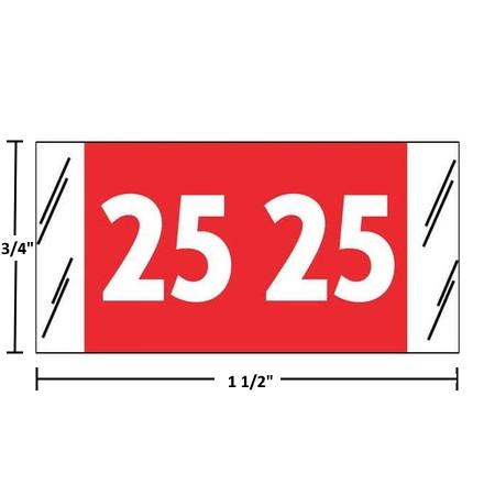 Acme Visible 12600 year label, 2025, red, 3/4" x 1-1/2", wraparound with white “25”; center-slit liner.