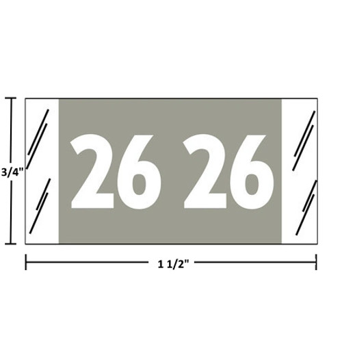 Acme Visible 12600 year label, 2026, gray, 3/4" x 1-1/2", wraparound with white “26”; center-slit liner.