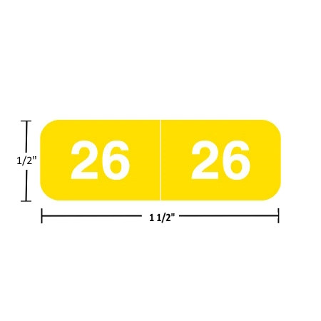 Ames AMYM year label, 2026, yellow, 1/2" x 1-1/2", wraparound with white “26”; center-slit liner.