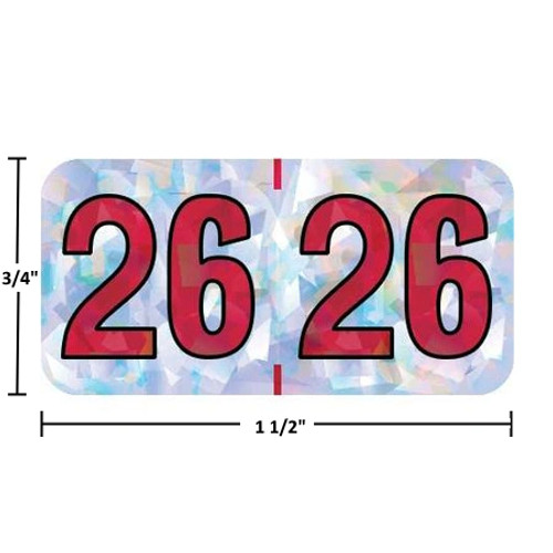 Holographic year label “26”, Silver, 3/4 x 1-1/2 in, wrap-around, center-slit, white digits, laminated.