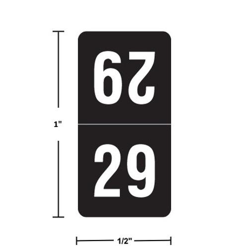 2029 black top-tab year label, 1" x 1/2", two-panel wrap with “29” printed white on black (top panel inverted for wrap).