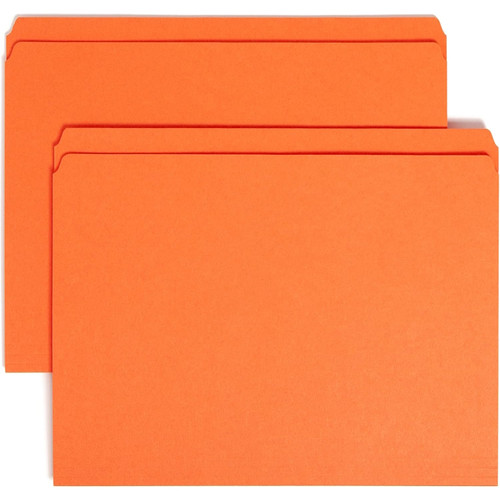 Two bright orange Smead straight-cut end tab file folders, staggered for visibility.
