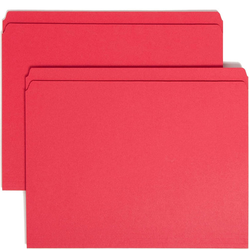 Two red Smead reinforced tab straight-cut letter-size file folders stacked together.